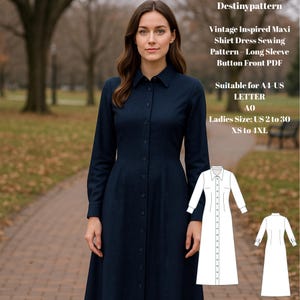 May include: A woman wearing a navy blue maxi shirt dress with long sleeves and a button-front design. The image includes a sewing pattern diagram and text that reads "Destinypattern" and "Vintage Inspired Maxi Shirt Dress Sewing Pattern - Long Sleeve Button Front PDF."