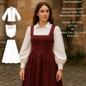Pode incluir: Uma mulher vestindo um vestido renascentista bordô com uma blusa branca por baixo. A imagem também mostra um padrão de costura com um conjunto de blusa, corpete e saia. O texto na imagem diz "Destinypattern" e "Ladies Size; US 2 to 30 XS to 4XL."