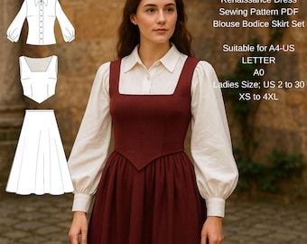 Renaissance Dress Sewing Pattern PDF  Blouse Bodice Skirt Set  Medieval Costume (3-piece set)