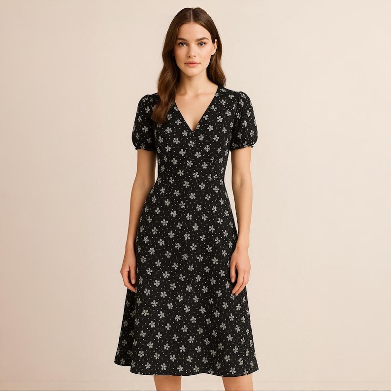 Digital Sewing Pattern – Vintage Floral Midi Dress PDF – V-neck, Short ...