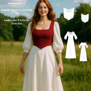 Könnte beinhalten: Eine Frau trägt ein weißes Kleid mit bordeauxfarbenem Oberteil und langen, gepufften Ärmeln. Das Bild enthält Schnittmusterdiagramme und den Text "Destinypattern", "Suitable for A4-US LETTER AO" und "Ladies Size: US 2 to 30 XS to 4XL".
