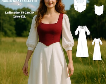 Cottagecore Dress Sewing Pattern: Corset Top & Long Skirt (PDF Pattern) US 2-30
