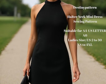 Patrón de costura para minivestido con cuello halter: sin mangas y cuello alto (PDF)
