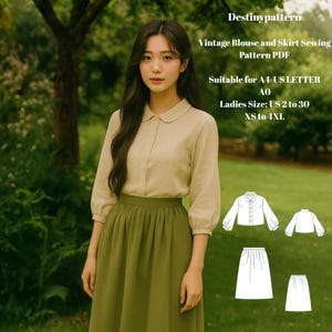 May include: A woman wearing a beige blouse with a rounded collar and a green skirt. The image includes text that reads "Destiny pattern" and "Vintage Blouse and Skirt Sewing Pattern PDF". The size range is US 2 to 30, XS to 4XL.