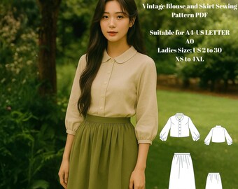 Vintage Blouse and Skirt Sewing Pattern PDF - Peter Pan Collar Top & Gathered Midi Skirt Digital Pattern