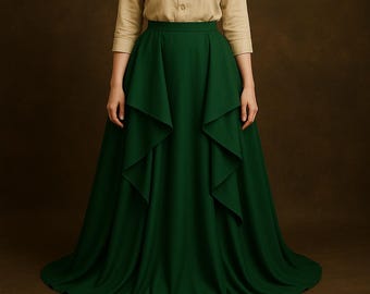 Molde em PDF para vestido maxi vintage com babados | Verde esmeralda | Vestido de noite fluido | Tamanhos do PP ao 4XG