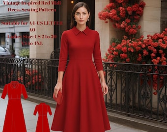 May include: A red midi dress with a collared neckline and three-quarter sleeves. The dress has a flared skirt and is shown on a woman standing outdoors. Text on the image reads "Destinypattern Vintage Inspired Red Midi Dress Sewing Pattern".