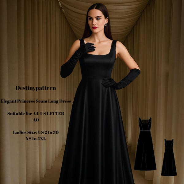 Princess Seam Long Dress Sewing Pattern - Square Neck (PDF Pattern)