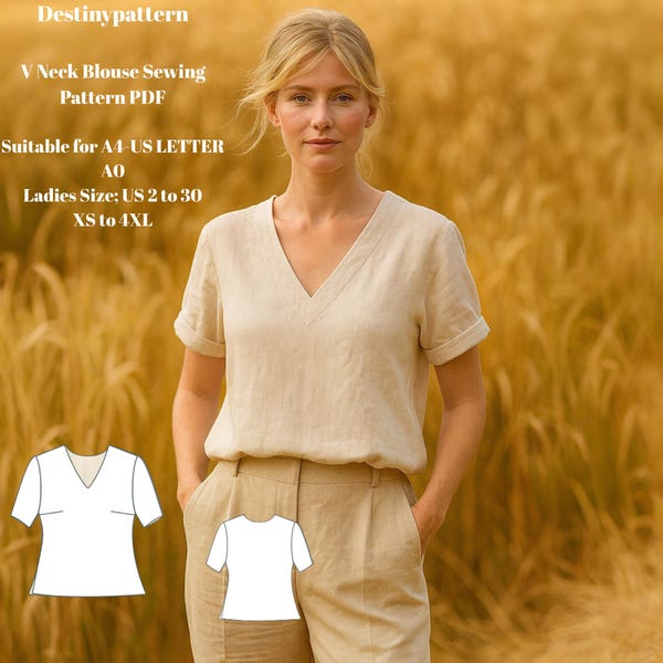 Bluse mit V-Ausschnitt Schnittmuster PDF: Brust Abnäher, XS-4XL (A4/US Letter Instant Download)