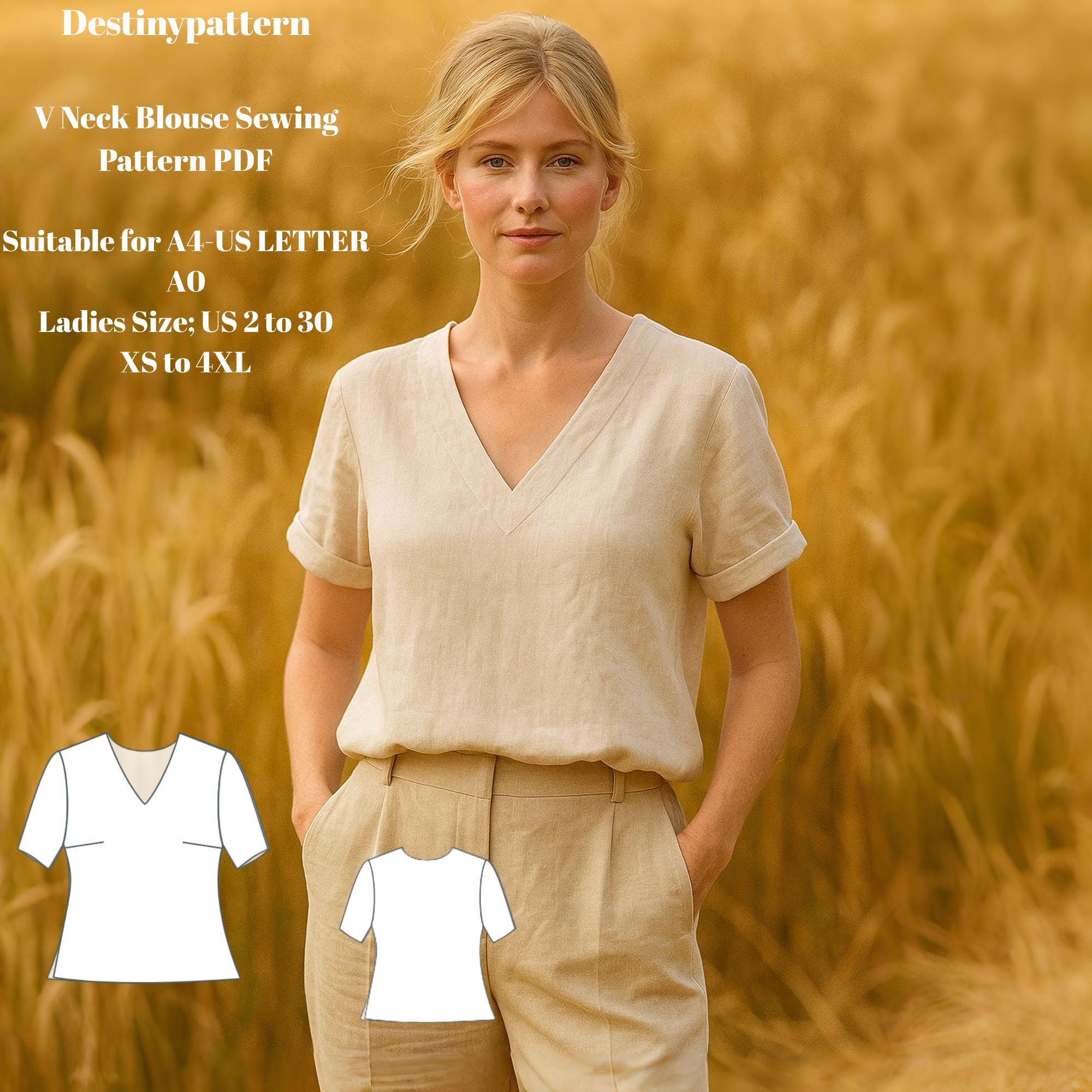V-Neck Blouse Sewing Pattern PDF | All Fabric Types | No Zipper | Bust Darts | Bias Tape Finish | XS-4XL | A4 • US Letter | Instant Download