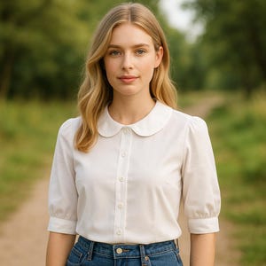 May include: A white blouse with a rounded collar and short sleeves. The blouse is worn with blue denim jeans. The woman in the image has blonde hair and is standing in front of a blurred green background.