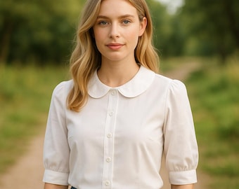 Peter Pan Collar Blouse Pattern PDF | Vintage Button Up Shirt | Puff Sleeve Top | XS-4XL