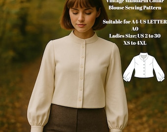 Patrón de costura para blusa vintage con cuello mandarín: Top con mangas abullonadas (Descarga en PDF)