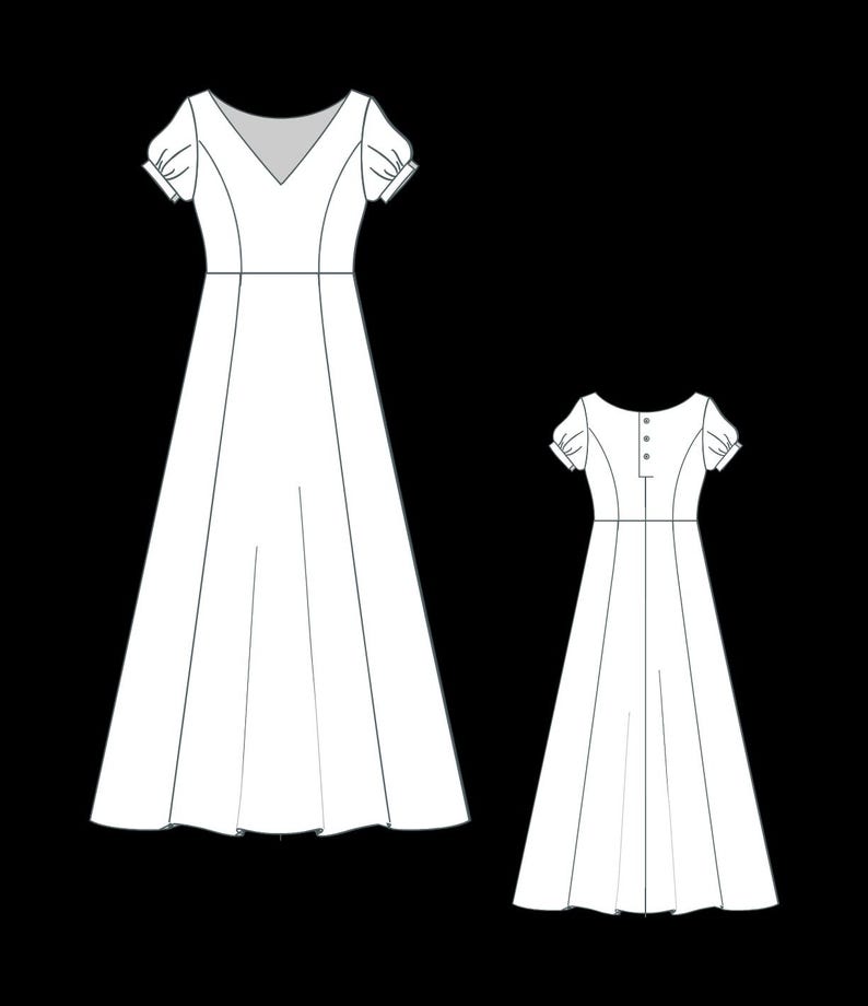 Vintage Puff Sleeve Dress Pattern PDF | V Neck Princess Seam Midi ...