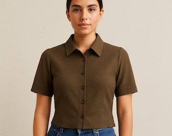 Vintage Cropped Blouse Sewing Pattern: Women's Convertible Collar Shirt (Sizes XS-4XL) (PDF Download)