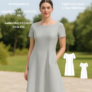 Puede incluir: Vestido midi de lino gris claro con corte en A, mangas cortas y cuello barco. La imagen incluye el texto "Destinypattern", "Light Gray Linen A-Line Midi Dress", y "Ladies Size: US 2 to 30 XS to 4XL".