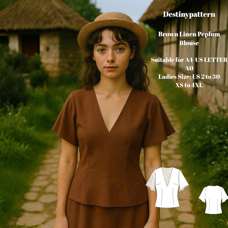 May include: A brown linen peplum blouse with a deep V-neck and short, flared sleeves. The image includes the text "Destinypattern" and sizing information for US sizes 2 to 30, XS to 4XL. The blouse is shown on a person wearing a straw hat.
