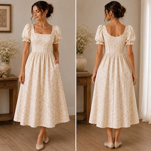 Peut inclure: Une robe mi-longue en tissu crème avec un délicat motif floral marron. La robe présente une encolure carrée, des manches courtes bouffantes, un corsage ajusté avec des coutures verticales et une jupe ample froncée tombant sous les genoux.