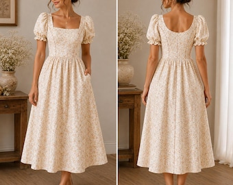 Patrón de vestido estilo cottagecore / Vestido midi con escote cuadrado en PDF / Manga abullonada con costura princesa / Tallas estadounidenses 2-30