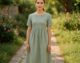 Patrón de vestido midi de lino: estilo cottagecore con cintura fruncida (patrón PDF)