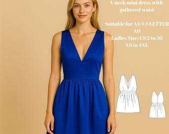 Patrón de costura en PDF: Vestido mini con escote en V y cintura fruncida, tallas US 2-30 / EU XS-4XL