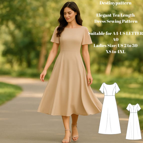 Elegant Tea Length Dress Sewing Pattern: Boat Neck & Flutter Sleeve (PDF) -  Etsy