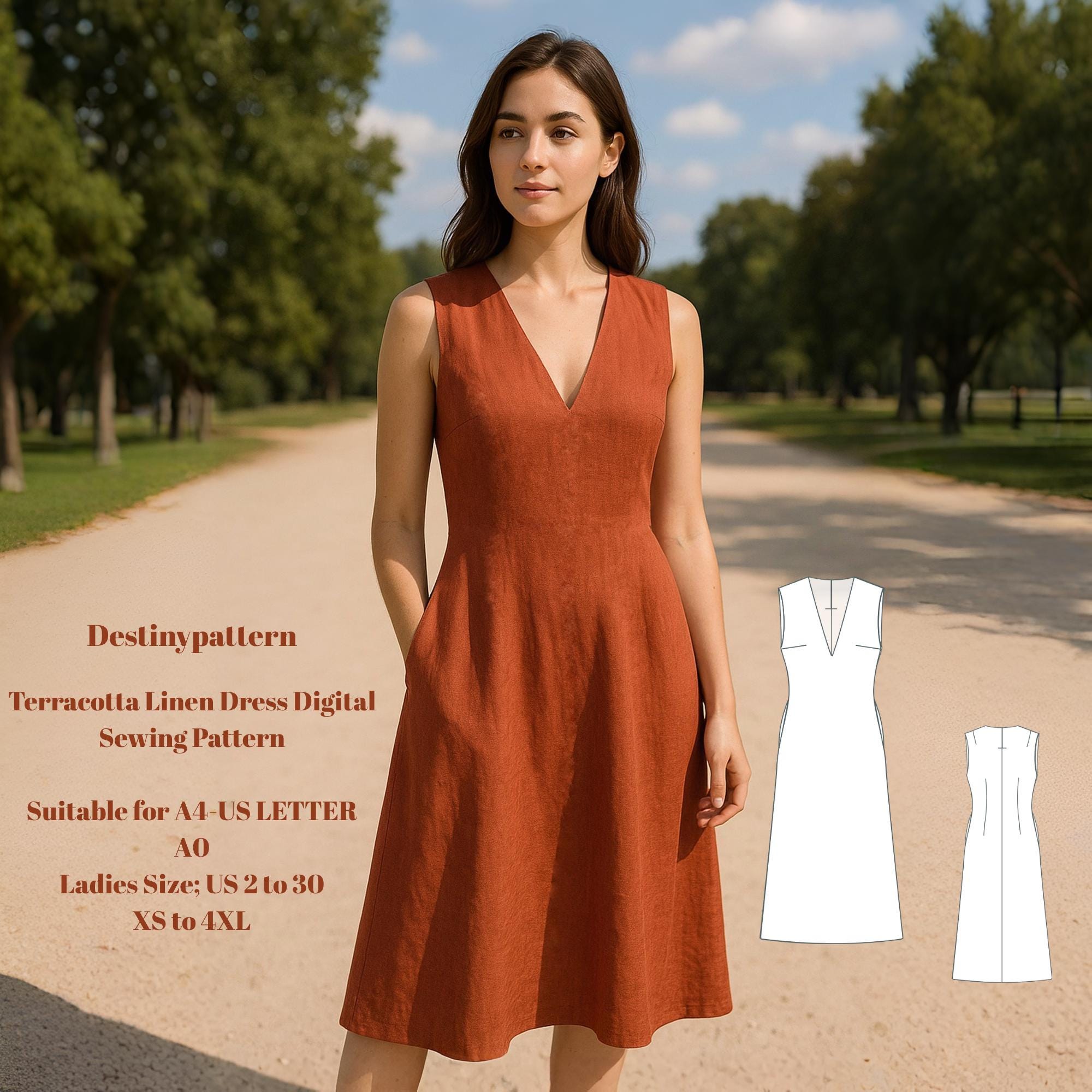 Terracotta Linen Dress Digital Sewing Pattern – V-Neck, Sleeveless, Midi Length, In-Seam Pockets – PDF Dress Pattern for Women