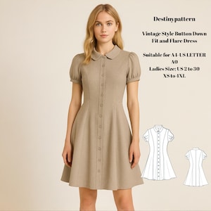 May include: A tan button-down fit and flare dress with a Peter Pan collar and short, puffed sleeves. The dress has a row of buttons down the front and a flared skirt. Text on the image reads "Destinypattern" and "Vintage Style Button Down Fit and Flare Dress."