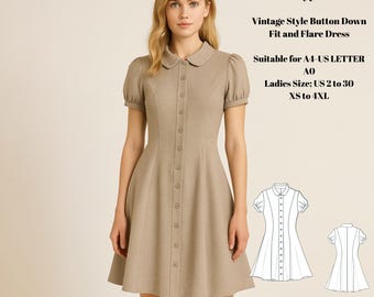 Vintage Shirt Dress Pattern PDF | A-Line | Puff Sleeve Peter Pan Collar | XS-4XL