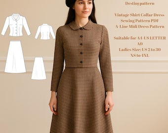 Vintage Shirt Collar Two-Piece Dress Sewing Pattern | A-Line Skirt & Blouse PDF XS–4XL