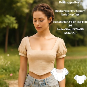 May include: A beige crop top with a square neckline and short, puffed sleeves. The top is paired with light-wash jeans. Text on the image reads "Destinypattern", "Bridgerton Style Square Neck Crop Top", and "Ladies Size: US 2 to 30 XS to 4XL".