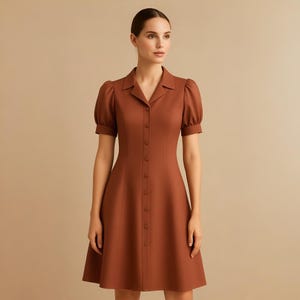 May include: A brown button-down dress with short, puffed sleeves. The dress has a collared neckline and a fitted bodice that flares into an A-line skirt. The dress is made of a solid, smooth fabric.