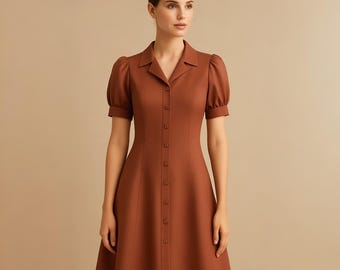 Patrón de vestido camisero vintage en PDF / Corte A con botones / Manga abullonada / Tallas XS-4XL