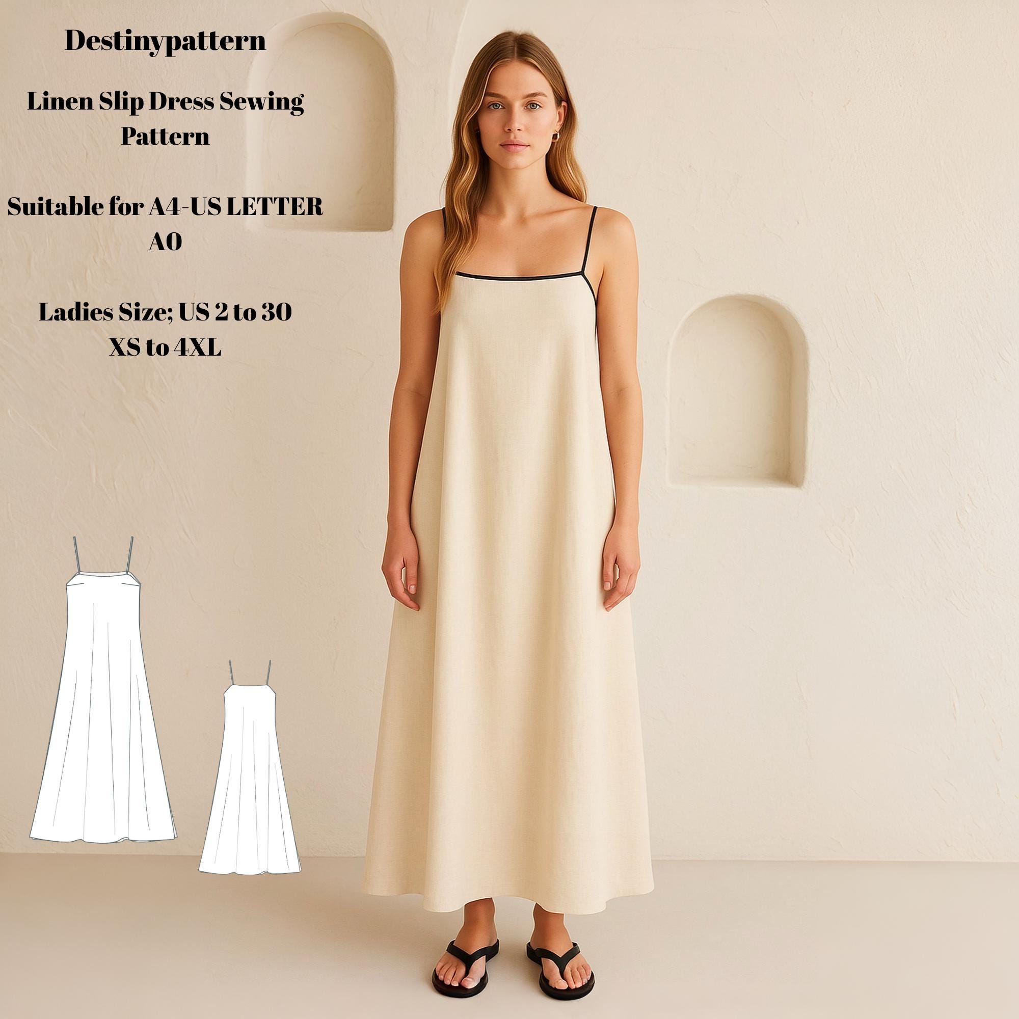 Linen Slip Dress Sewing Pattern – Ankle Length, Bias Cut, Spaghetti Straps, No Zipper, Easy Summer Dress PDF