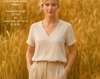Naaipatroon voor een blouse met V-hals (PDF): Borstplooien, XS-4XL (A4/US Letter, direct te downloaden)