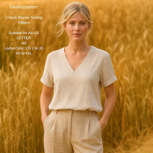 V-Neck Blouse Sewing Pattern PDF: Bust Darts, XS-4XL (A4/US Letter Instant Download)