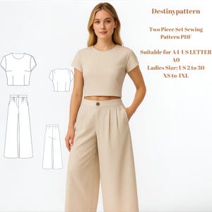 Patrón de costura de conjunto de dos piezas en PDF / Pantalón ancho + Top corto ajustado / Descarga digital / Tallas 2-30 / A0 + Carta A4