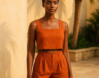 Linen Crop Top and High-Waisted Shorts Sewing Pattern – 2-Piece Summer Set PDF – US Sizes 2–30 (XS–5XL)