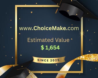 Könnte beinhalten: Grafik mit dunkelblauem Hintergrund, goldenen Akzenten und Abschlusskappen. Der Text lautet "www.ChoiceMake.com", "Geschätzter Wert $1.654" und "SEIT 2025". Goldene Konfetti und Bänder ergänzen das festliche Design.
