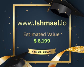 Könnte beinhalten: Eine dunkelblaue Grafik mit einem goldenen quadratischen Rahmen, zwei schwarzen Doktorhüten und goldenen Bändern. Der Text lautet www.ishmael.io, Estimated Value $ 8,199 und SINCE 2025. Goldene Konfetti sind auf dem dunkelblauen Hintergrund verteilt.