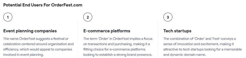 May include: A white graphic with the text "Potential End Users For OrderFest.com". The graphic lists three potential end users: event planning companies, e-commerce platforms, and tech startups. Each is described in a short paragraph.