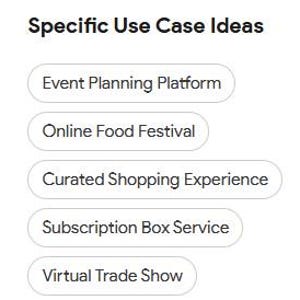 May include: A white graphic with three sections: 'Possible Industries', 'Specific Use Case Ideas', and 'Associated Emotions'. Each section lists related terms such as 'E-commerce', 'Event Planning Platform', and 'Efficiency' in rounded white boxes.