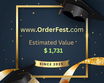 Könnte beinhalten: Dunkelblaue Grafik mit goldenen Akzenten und Konfetti. Der Text lautet "www.OrderFest.com", "Geschätzter Wert $1.731" und "SEIT 2025". Zwei schwarze Abschlusskappen und goldene Bänder sind ebenfalls abgebildet.