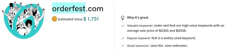 May include: A teal heart-shaped graphic featuring a crowd of people with raised arms. The text "orderfest.com" is displayed above an estimated value of &pound;1,385. The image highlights valuable keywords and the use of a .com extension.