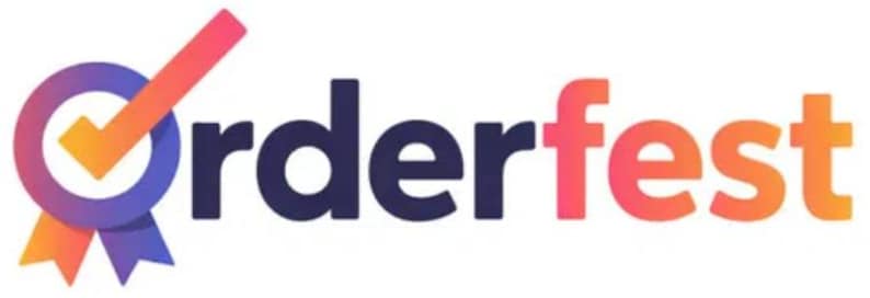 May include: The word "Orderfest" in a gradient of red and orange, with a checkmark inside a blue and purple circle. The checkmark is orange and red, and the circle has a ribbon design.