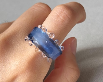 Handmade Ocean Bubble Glass Ring – Blue Dew Lampwork Jewelry, Minimalist Statement Ring, Ocean-Inspired Cottagecore Fairycore Gift for Her