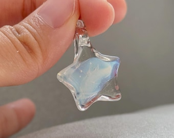 Handmade Glass Star Pendant – Minimalist Milky White Charm, Unique Lampwork Necklace Jewelry, One of A Kind Celestial Gift, Chain Included
