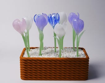 Handmade Glass Tulip Flower, Lampwork Tulip Sculpture, Whimsical Floral Decor, Blue Purple Pink White Glass Flower