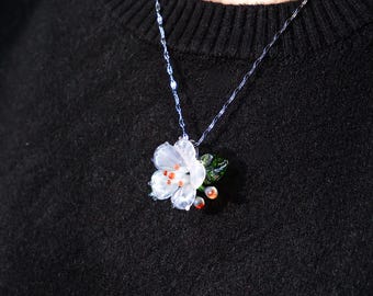 Cherry Blossom Glass Necklace, Handmade Pink Sakura Flower Pendant, Botanical Jewelry