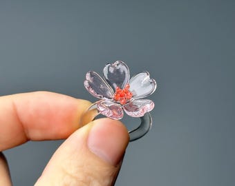 Handmade Glass Sakura Ring – Soft Pink Cherry Blossom Flower Band, Lampwork Floral Jewelry Gift